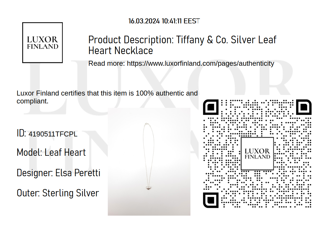 Tiffany & Co. Silver Leaf Heart -kaulakoru